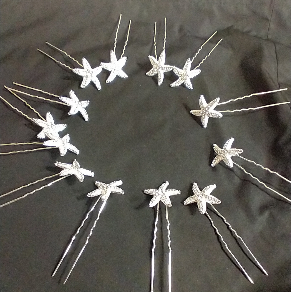 Rhinestone Starfish Silver Hairpins Beach Wedding, Set Of 13.Excellent Conditi